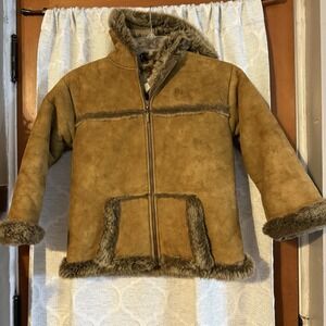 WIDGEON‎ FAUX FUR GIRLS/TEEN WARM WINTER SUEDE HOODED COAT SIZE 10